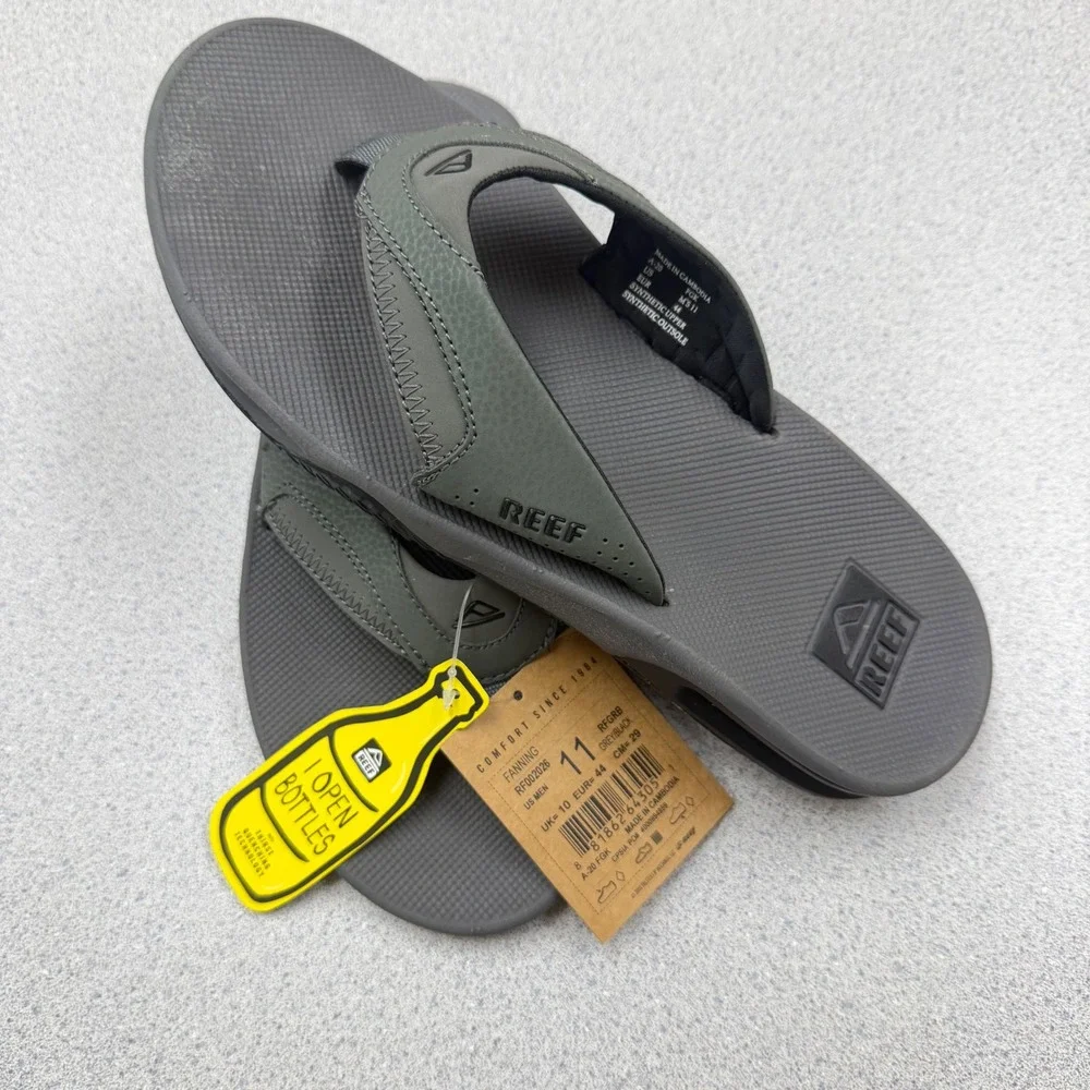 Reef Fanning Mens Grey Black Bottle Opener Flip Flop Sandals RF002026 Size 11